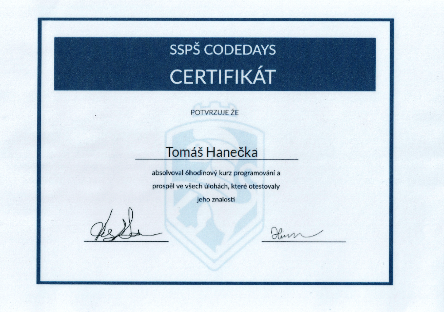 CodeDays certifikát ze Smíchovská SPŠaG